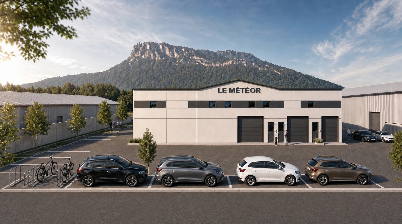 Vue 3D du Météor : façade est et parking