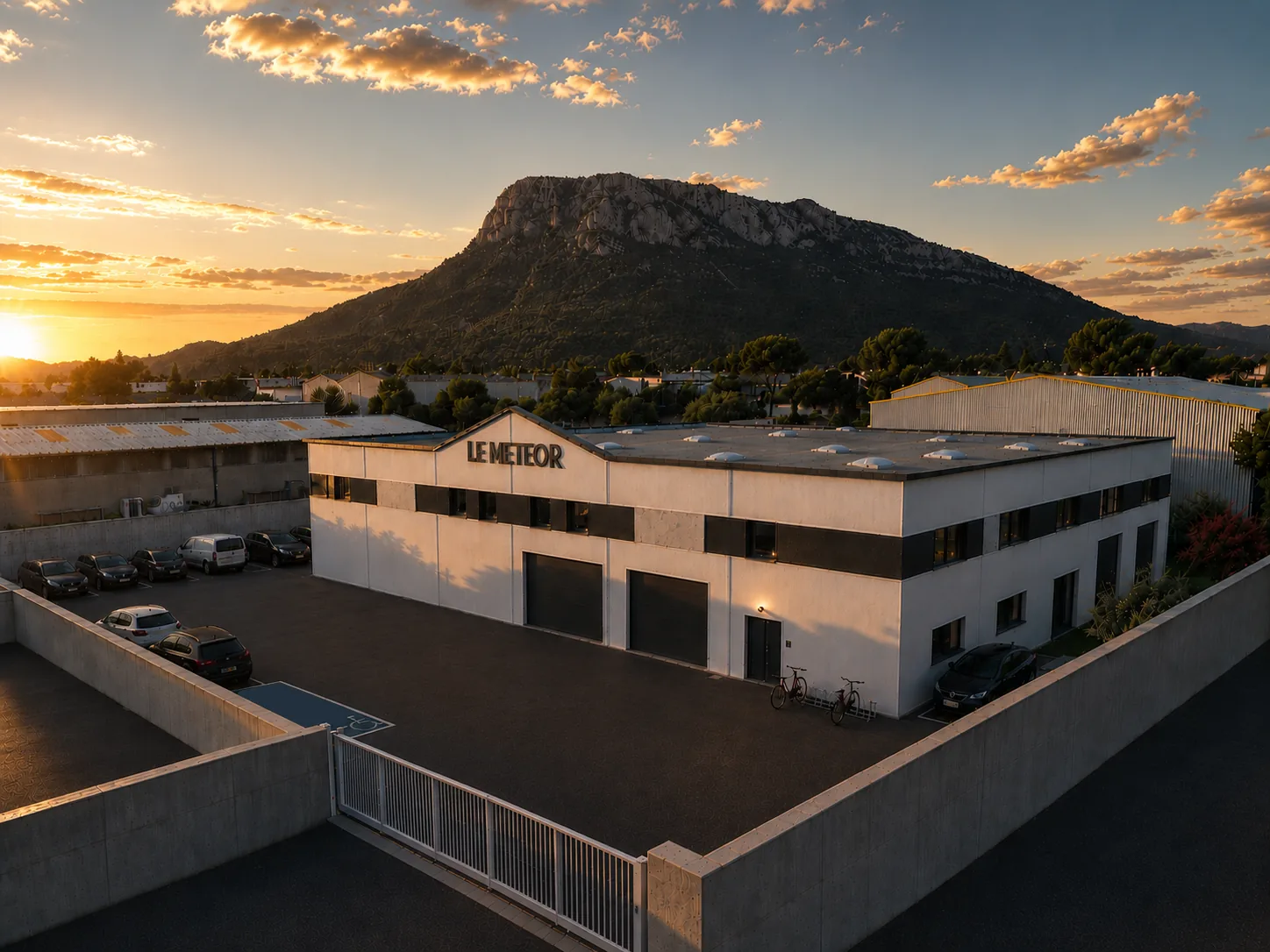 Vue aérienne du Météor : façade principale, parking clos et portail